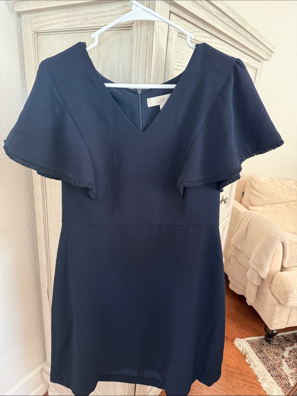 LOFT navy V-neck flutter sleeve mini dress with textured fabric